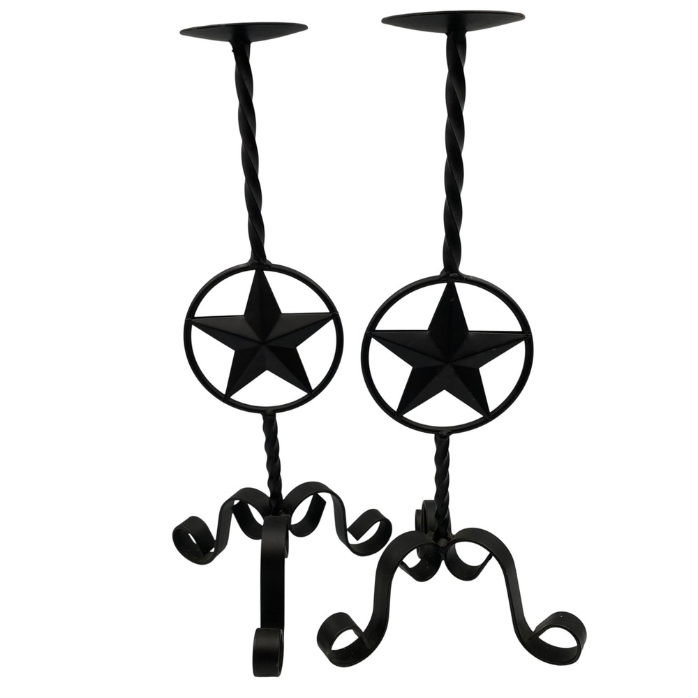 Vintage Wrought Iron Texas Star Pillar Candle Holders Pair Rustic Western 18"